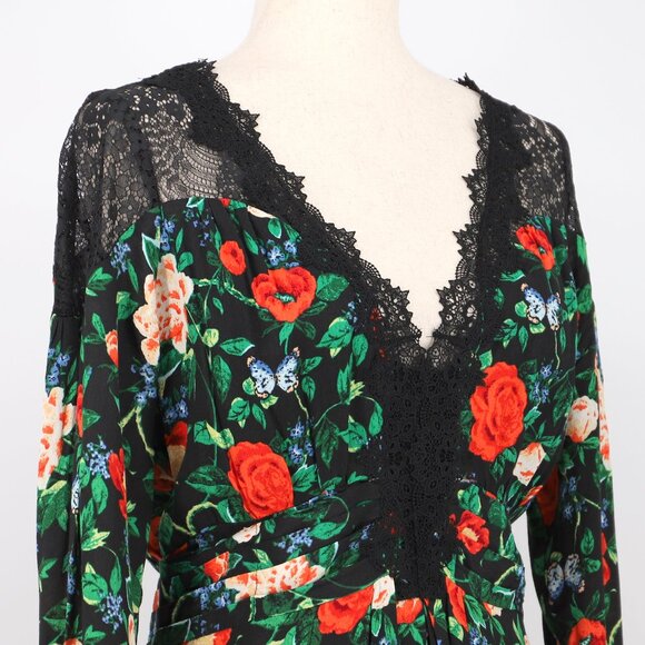 ANTHROPOLOGIE Lacey Floral V-Neck Mini Dress Green Red Multi Size 6 - Picture 3 of 8